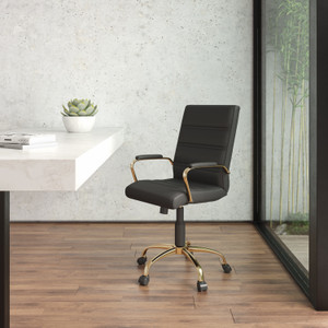 Mid-Back Black LeatherSoft Executive Swivel Office Chair with Gold Frame and Arms Mid-Back Black LeatherSoft Executive Swivel Office Chair with Gold Frame and Arms