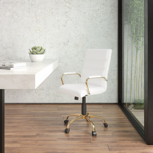Mid-Back White LeatherSoft Executive Swivel Office Chair with Gold Frame and Arms Mid-Back White LeatherSoft Executive Swivel Office Chair with Gold Frame and Arms