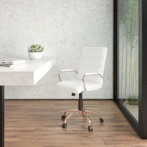 Mid-Back White LeatherSoft Executive Swivel Office Chair with Rose Gold Frame and Arms Mid-Back White LeatherSoft Executive Swivel Office Chair with Rose Gold Frame and Arms