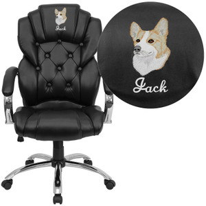 Embroidered High Back Transitional Style Black LeatherSoft Executive Swivel Office Chair with Arms Embroidered High Back Transitional Style Black LeatherSoft Executive Swivel Office Chair with Arms