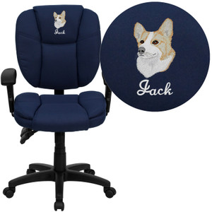 Embroidered Mid-Back Navy Blue Fabric Multifunction Pillow Cushioned Ergonomic Task Office Chair with Arms Embroidered Mid-Back Navy Blue Fabric Multifunction Pillow Cushioned Ergonomic Task Office Chair with Arms