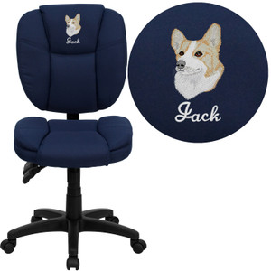 Embroidered Mid-Back Navy Blue Fabric Multifunction Swivel Ergonomic Task Office Chair with Pillow Top Cushioning Embroidered Mid-Back Navy Blue Fabric Multifunction Swivel Ergonomic Task Office Chair with Pillow Top Cushioning