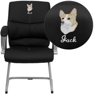 Embroidered Black LeatherSoft Executive Side Reception Chair with Silver Sled Base Embroidered Black LeatherSoft Executive Side Reception Chair with Silver Sled Base