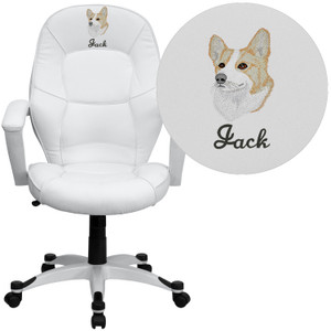 Embroidered Mid-Back White LeatherSoft Tapered Back Executive Swivel Office Chair with White Base and Arms Embroidered Mid-Back White LeatherSoft Tapered Back Executive Swivel Office Chair with White Base and Arms
