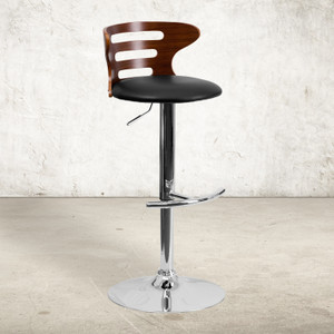 Walnut Bentwood Adjustable Height Barstool with Three Slot Cutout Back and Black Vinyl Seat Walnut Bentwood Adjustable Height Barstool with Three Slot Cutout Back and Black Vinyl Seat