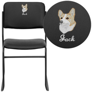 Embroidered HERCULES Series 500 lb. Capacity High Density Black Vinyl Stacking Chair with Sled Base Embroidered HERCULES Series 500 lb. Capacity High Density Black Vinyl Stacking Chair with Sled Base