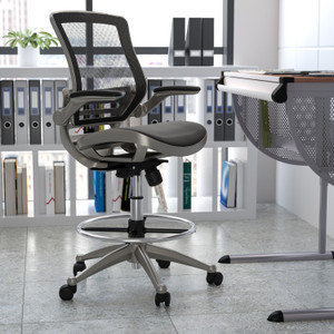 Mid-Back Transparent Black Mesh Drafting Chair with Graphite Silver Frame and Flip-Up Arms Mid-Back Transparent Black Mesh Drafting Chair with Graphite Silver Frame and Flip-Up Arms