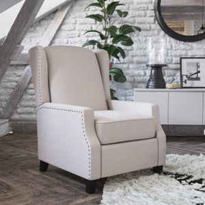 Prescott Traditional Style Slim Push Back Recliner Chair-Wingback Recliner with Cream Fabric Upholstery-Accent Nail Trim Prescott Traditional Style Slim Push Back Recliner Chair-Wingback Recliner with Cream Fabric Upholstery-Accent Nail Trim