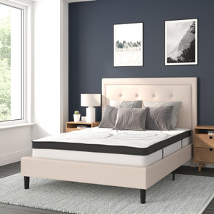Roxbury Full Size Tufted Upholstered Platform Bed in Beige Fabric with 10 Inch CertiPUR-US Certified Pocket Spring Mattress Roxbury Full Size Tufted Upholstered Platform Bed in Beige Fabric with 10 Inch CertiPUR-US Certified Pocket Spring Mattress