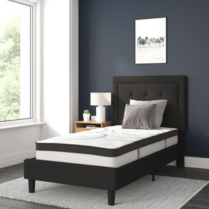 Roxbury Twin Size Tufted Upholstered Platform Bed in Black Fabric with 10 Inch CertiPUR-US Certified Pocket Spring Mattress Roxbury Twin Size Tufted Upholstered Platform Bed in Black Fabric with 10 Inch CertiPUR-US Certified Pocket Spring Mattress