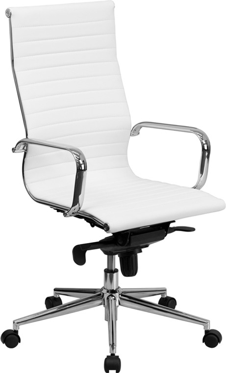 High Back White Ribbed Leather Executive Office Chair