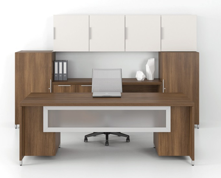 Quad 84" Double Pedestal Executive Desk with Credenza, Hutch, and Storage Towers