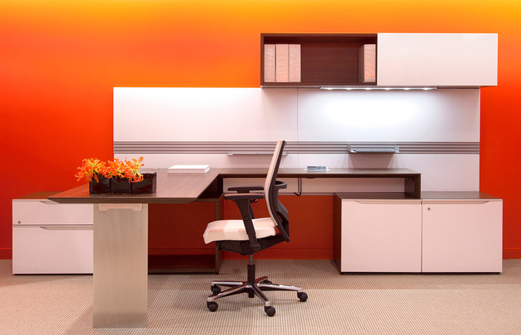 Nex L-Shape Executive Desk with Low Storage, Open Bookcase and Wall-Mounted Hutch with Sliding Door