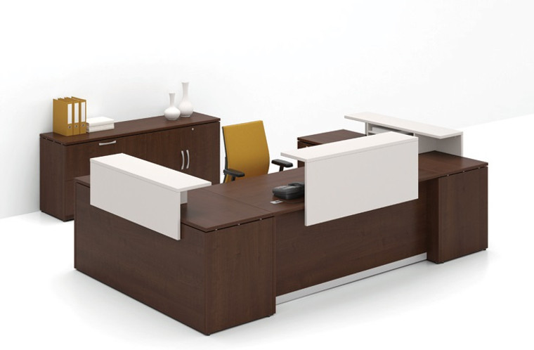 Morpheo 156" U-Shape Reception Desk with Elevated Transaction Shelf and Lateral Bookcase Credenza