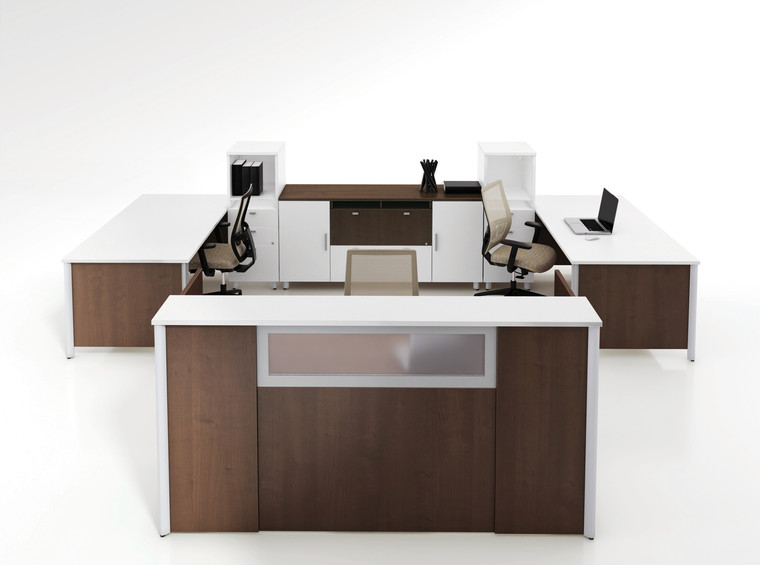Concept 3, 84" Translucent Front Reception Desk with Two 72" Rectangular Desk Shells, Mixed Modules and Lateral File Modules