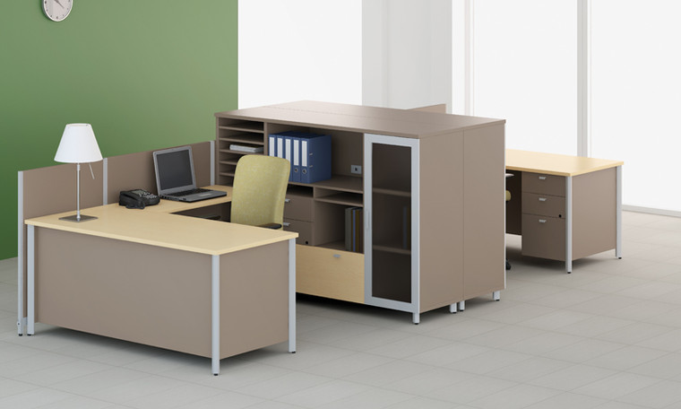 Concept 3, 232" U-Shaped Workstation Cluster of 2 with Open Bookcase Storage Modules with Translucent Doors