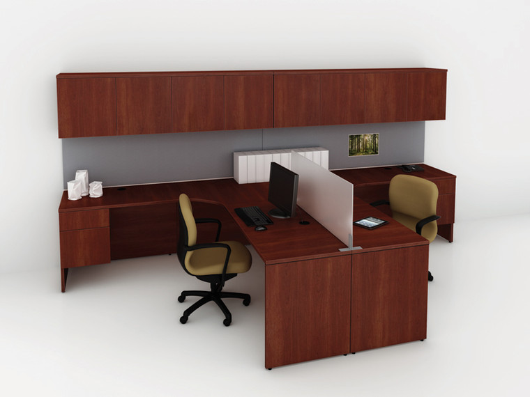 Concept 400E, Cluster of 2 with Privacy Screen and Wall-Mounted Hutches with Tackboard