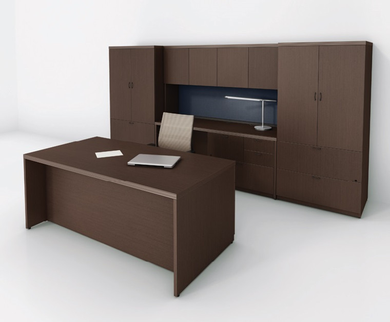 Concept 70, Single Pedestal Low-Profile Executive Desk with Wall-Mounted Hutch and Storage