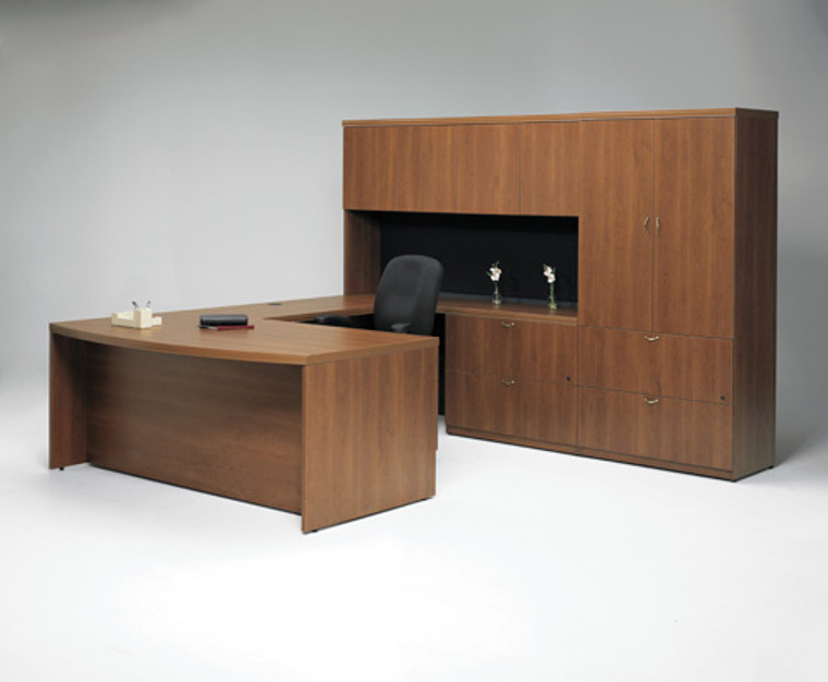 Concept 70, L-Shape Bow-Front Executive Desk with Pedestal, Hutch and Bookcase Storage