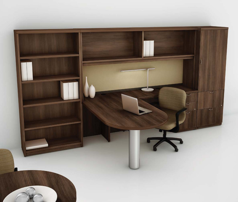 Concept 70, L-Shape Executive Desk Shell with 36" Round Table, Open Bookcases and Lateral Files