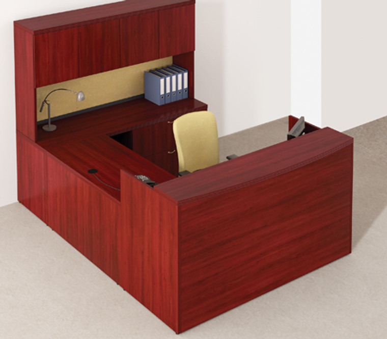 Concept 70, L-Shape Reception Desk with Transaction Shelf and Pedestal, Hutch