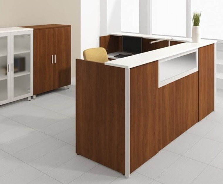 Concept 3, 84" L-Shape Reception Desk Shell with Transaction Shelf, Translucent Front