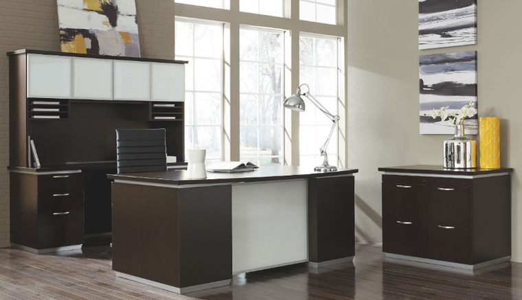 Pimlico Mocha Bowfront Executive Desk with White Glass Modesty Panel, Credenza, Hutch and Lateral File