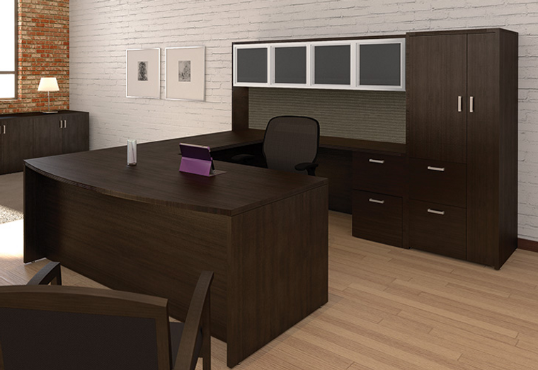 Amber Bow Front U-Shape Desk with Hutch and Wardrobe Storage Cabinet