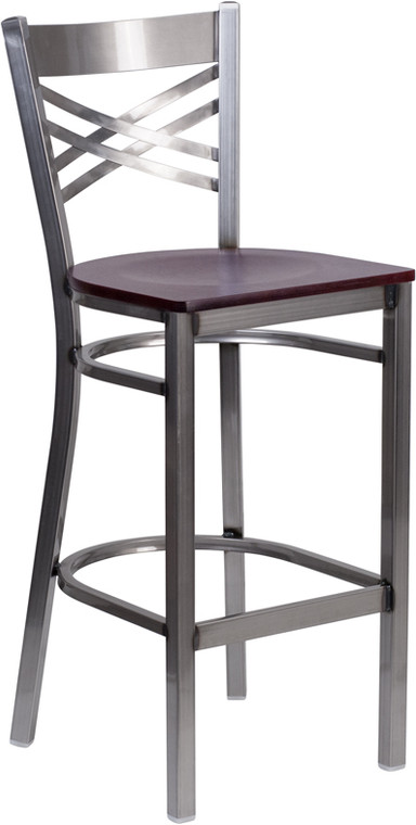 HERCULES Series Clear Coated ''X'' Back Metal Restaurant Barstool - Mahogany Wood Seat HERCULES Series Clear Coated ''X'' Back Metal Restaurant Barstool - Mahogany Wood Seat