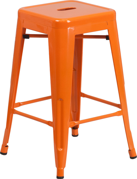 Commercial Grade 24" High Backless Orange Metal Indoor-Outdoor Counter Height Stool with Square Seat Commercial Grade 24" High Backless Orange Metal Indoor-Outdoor Counter Height Stool with Square Seat