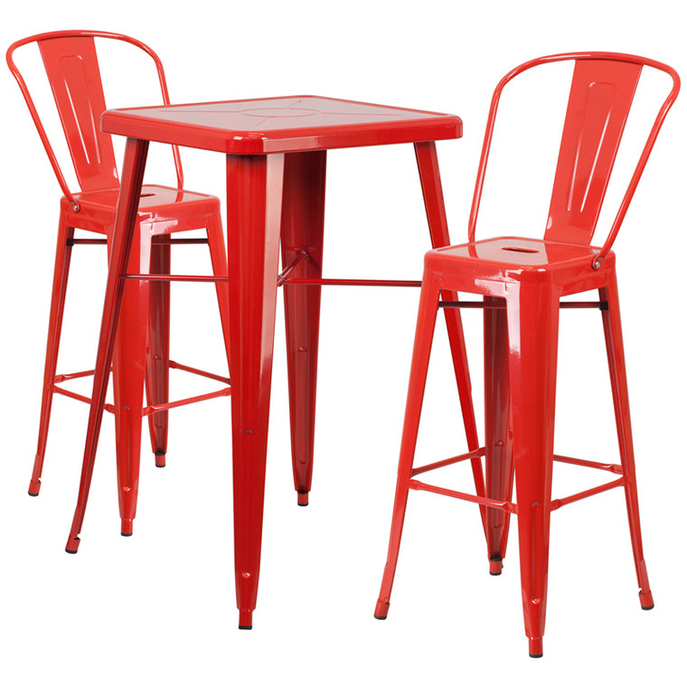Commercial Grade 23.75" Square Red Metal Indoor-Outdoor Bar Table Set with 2 Stools with Backs Commercial Grade 23.75" Square Red Metal Indoor-Outdoor Bar Table Set with 2 Stools with Backs