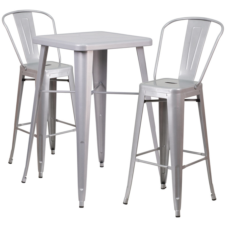 23.75'' Square Silver Metal Indoor-Outdoor Bar Table Set with 2 Stools with Backs 23.75'' Square Silver Metal Indoor-Outdoor Bar Table Set with 2 Stools with Backs