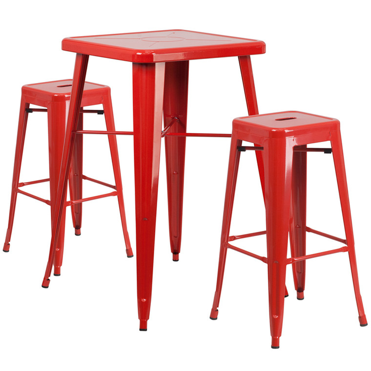 Commercial Grade 23.75" Square Red Metal Indoor-Outdoor Bar Table Set with 2 Square Seat Backless Stools Commercial Grade 23.75" Square Red Metal Indoor-Outdoor Bar Table Set with 2 Square Seat Backless Stools