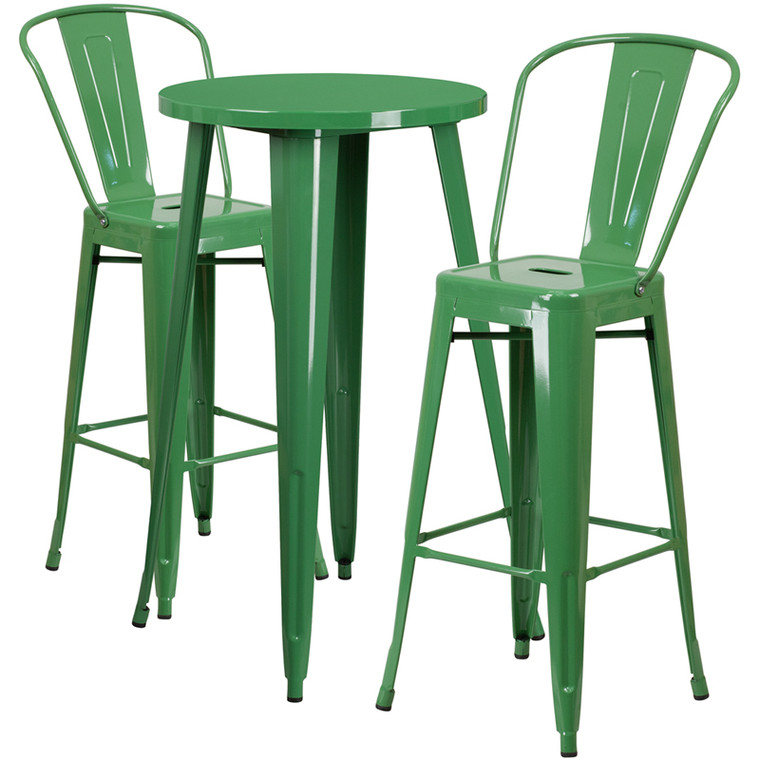24'' Round Green Metal Indoor-Outdoor Bar Table Set with 2 Cafe Stools