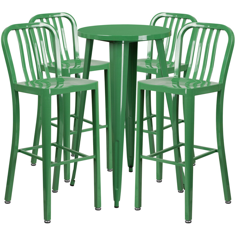 24'' Round Green Metal Indoor-Outdoor Bar Table Set with 4 Vertical Slat Back Stools