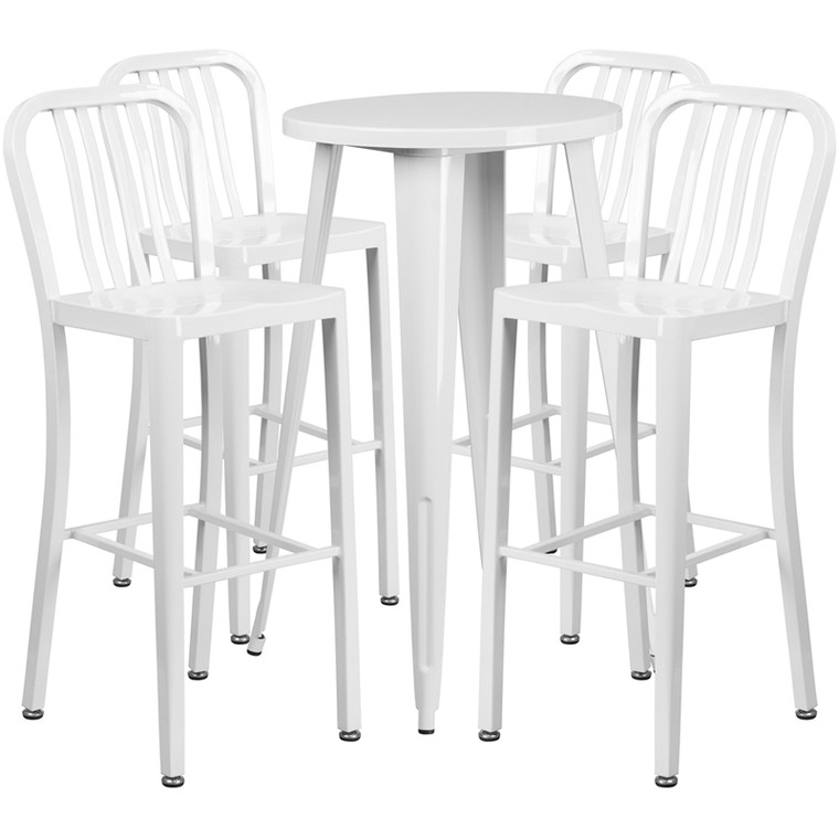 Commercial Grade 24" Round White Metal Indoor-Outdoor Bar Table Set with 4 Vertical Slat Back Stools Commercial Grade 24" Round White Metal Indoor-Outdoor Bar Table Set with 4 Vertical Slat Back Stools
