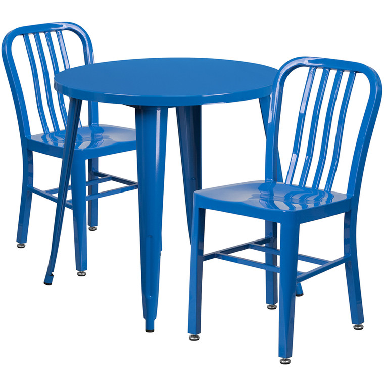 Commercial Grade 30" Round Blue Metal Indoor-Outdoor Table Set with 2 Vertical Slat Back Chairs Commercial Grade 30" Round Blue Metal Indoor-Outdoor Table Set with 2 Vertical Slat Back Chairs