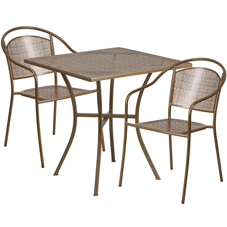 Commercial Grade 28" Square Gold Indoor-Outdoor Steel Patio Table Set with 2 Round Back Chairs Commercial Grade 28" Square Gold Indoor-Outdoor Steel Patio Table Set with 2 Round Back Chairs