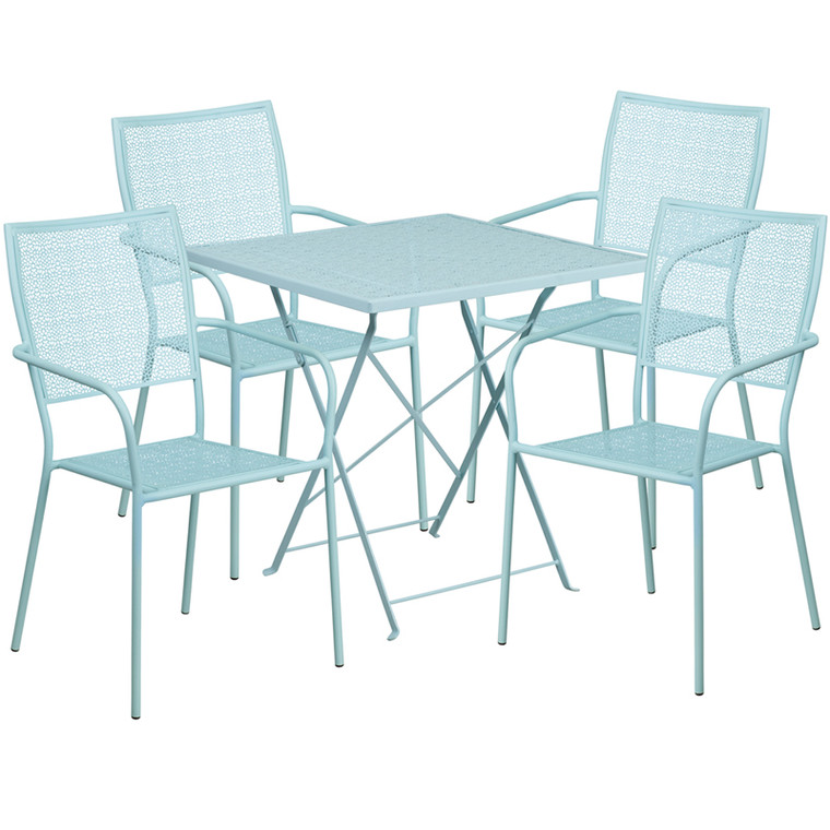 Commercial Grade 28" Square Sky Blue Indoor-Outdoor Steel Folding Patio Table Set with 4 Square Back Chairs Commercial Grade 28" Square Sky Blue Indoor-Outdoor Steel Folding Patio Table Set with 4 Square Back Chairs