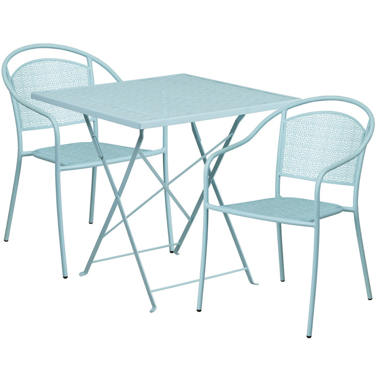 Commercial Grade 28" Square Sky Blue Indoor-Outdoor Steel Folding Patio Table Set with 2 Round Back Chairs Commercial Grade 28" Square Sky Blue Indoor-Outdoor Steel Folding Patio Table Set with 2 Round Back Chairs