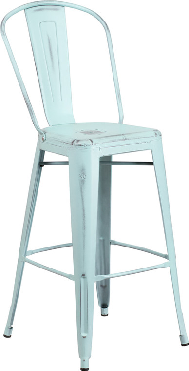 Commercial Grade 30" High Distressed Green-Blue Metal Indoor-Outdoor Barstool with Back