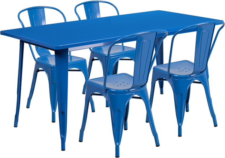 Commercial Grade 31.5" x 63" Rectangular Blue Metal Indoor-Outdoor Table Set with 4 Stack Chairs