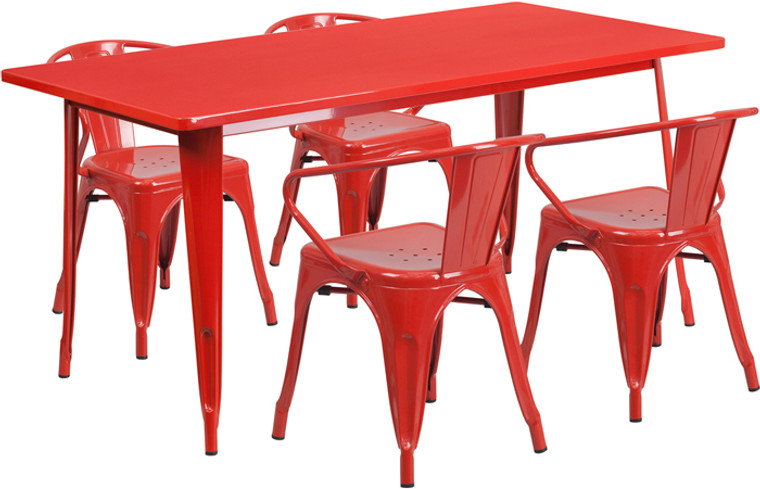 Commercial Grade 31.5" x 63" Rectangular Red Metal Indoor-Outdoor Table Set with 4 Arm Chairs Commercial Grade 31.5" x 63" Rectangular Red Metal Indoor-Outdoor Table Set with 4 Arm Chairs