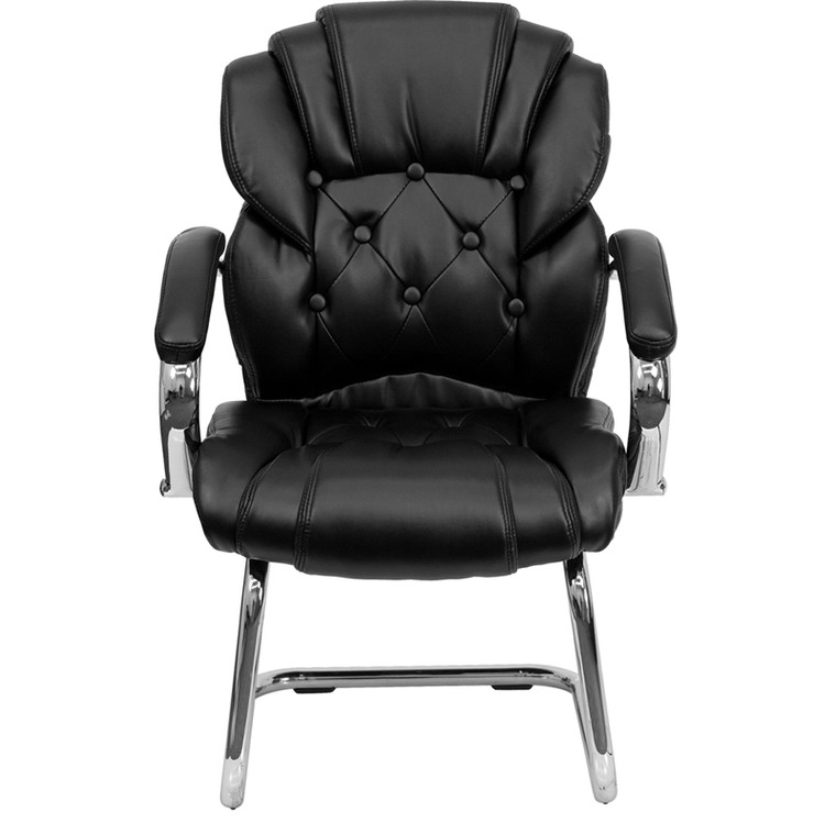 Black Leather Button Tufted Transitional Side Reception Chair with Sled Base
