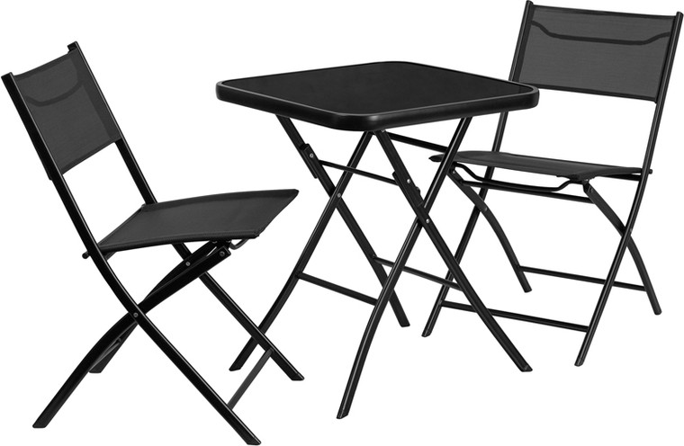 23.75'' Square Black Tempered Glass Metal Outdoor Table Set with 2 Textilene Fabric Folding Chairs
