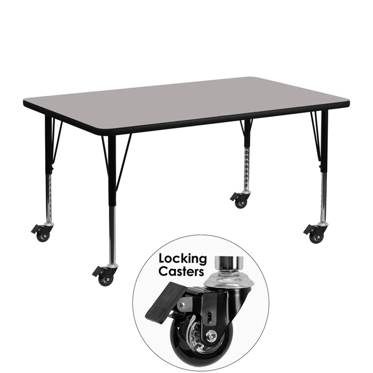 Mobile 24''W x 48''L Rectangular Grey HP Laminate Activity Table - Height Adjustable Short Legs