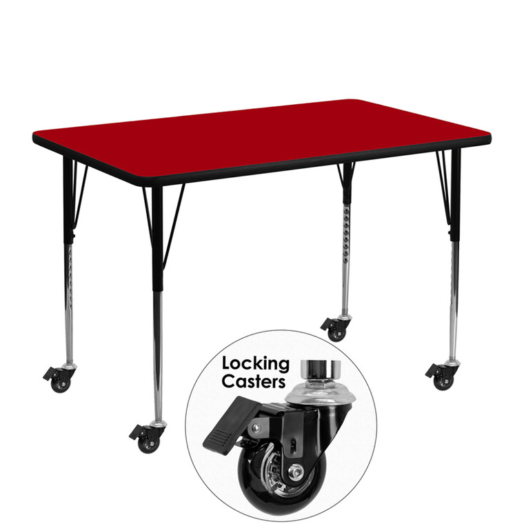 Mobile 30''W x 48''L Rectangular Red Thermal Laminate Activity Table - Standard Height Adjustable Legs