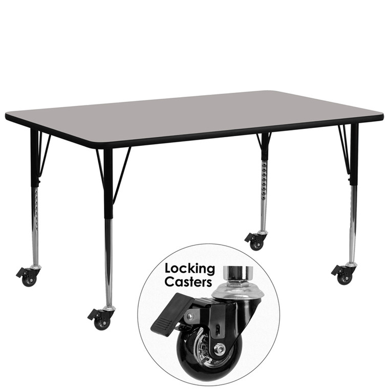 Mobile 30''W x 72''L Rectangular Grey HP Laminate Activity Table - Standard Height Adjustable Legs