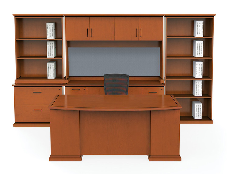 Emerald 84" Bowfront Executive Desk with Credenza/Hutch, Lateral File/Hutch,  Bookcase