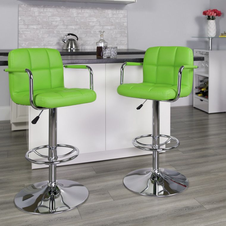 Contemporary Green Quilted Vinyl Adjustable Height Barstool with Arms and Chrome Base